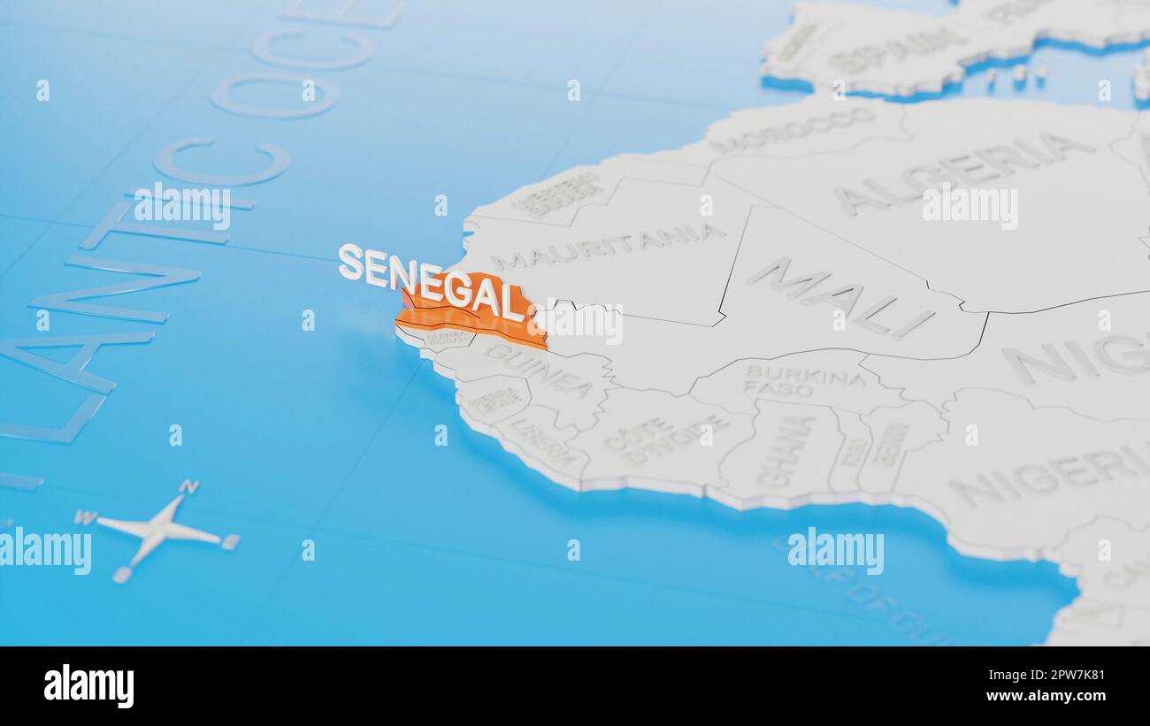 Senegal Highlighted On A White Simplified 3D World Map Digital 3D Senegal Highlighted On A White Simplified 3d World Map Digital 3d Render 2PW7K81