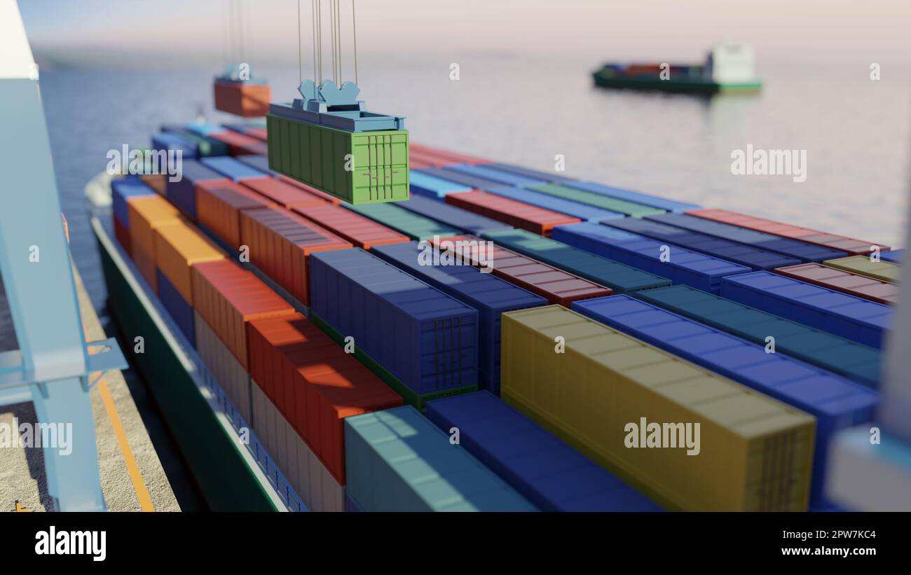 Port cranes loading containers on a cargo ship at the port. Digital 3D ...
