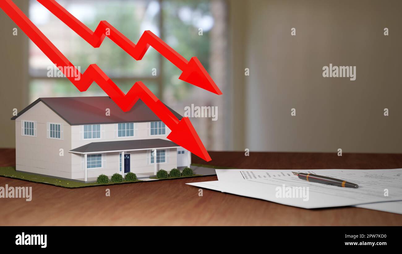 Real estate market crash, panic, falling prices. Fancy suburban house with falling red arrow