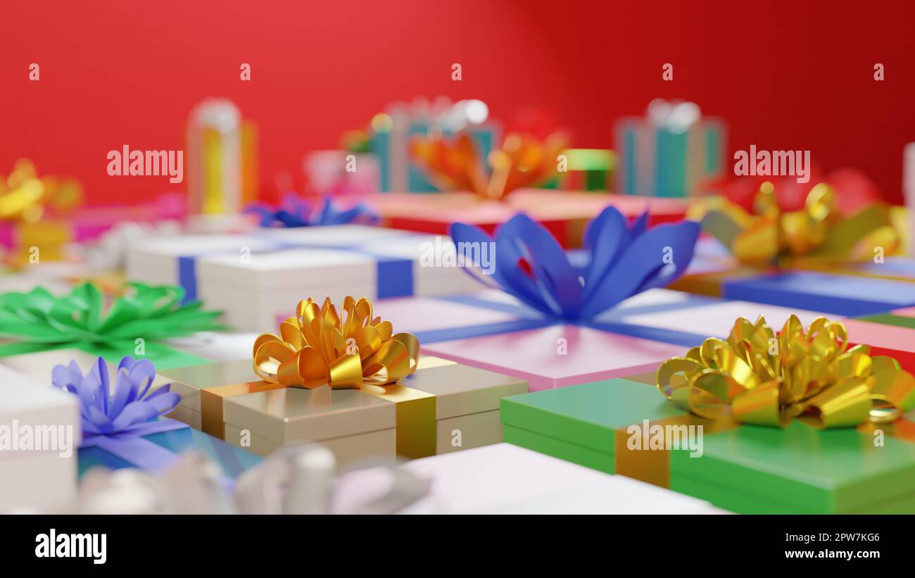 Gift boxes with colorful ribbons on red background. Digital 3D render ...