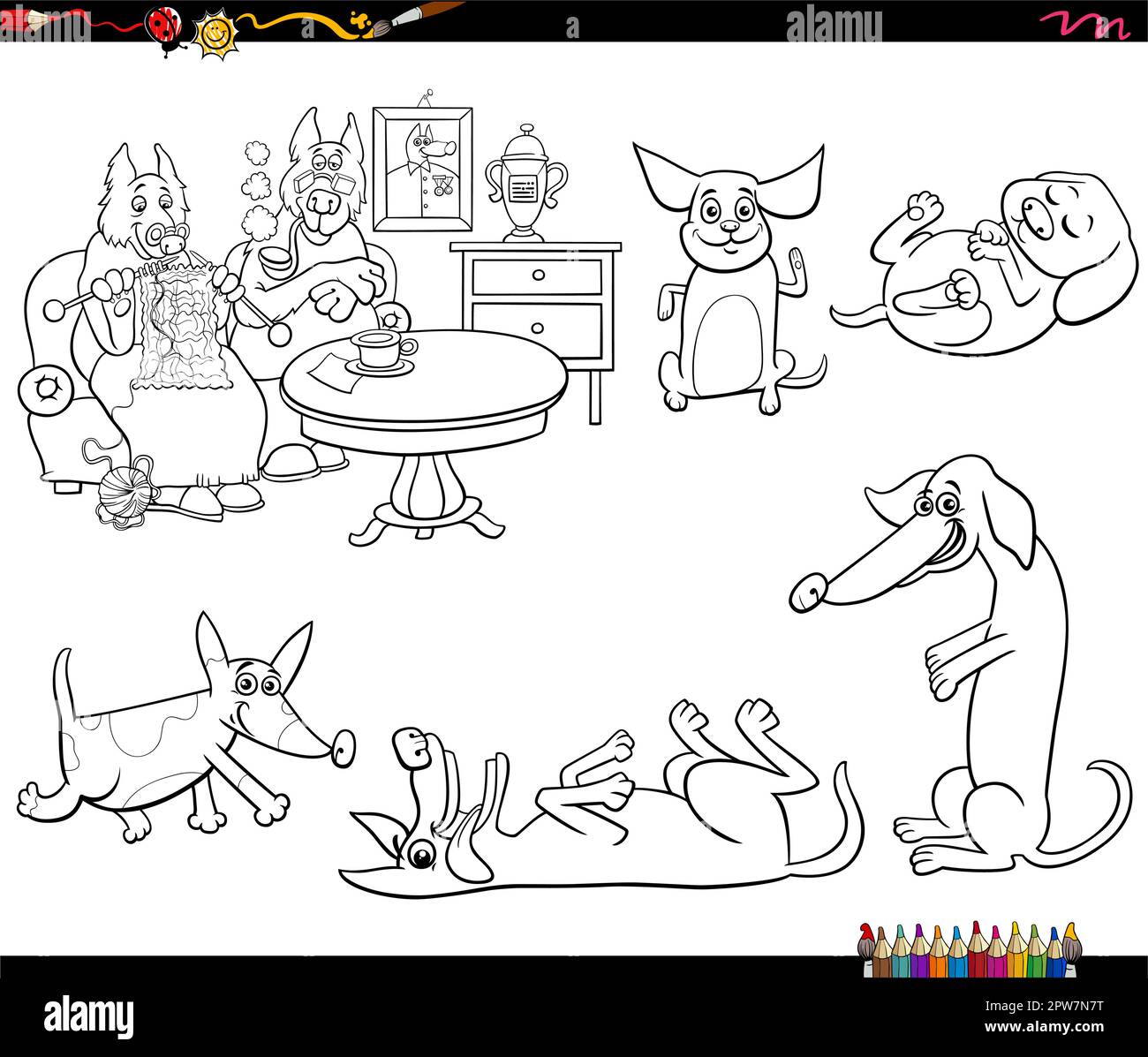 cartoon dogs animal characters set coloring page Stock Vector Image ...