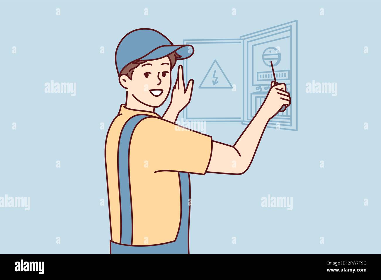 Man electrician is engaged in repair electrical appliances by opening electrical panel. Vector image Stock Vector