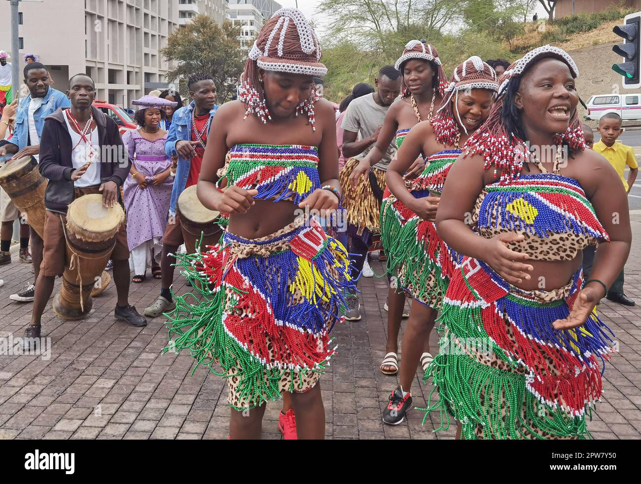 Windhoek, Namibia. 28th Apr, 2023. People perform during an art and