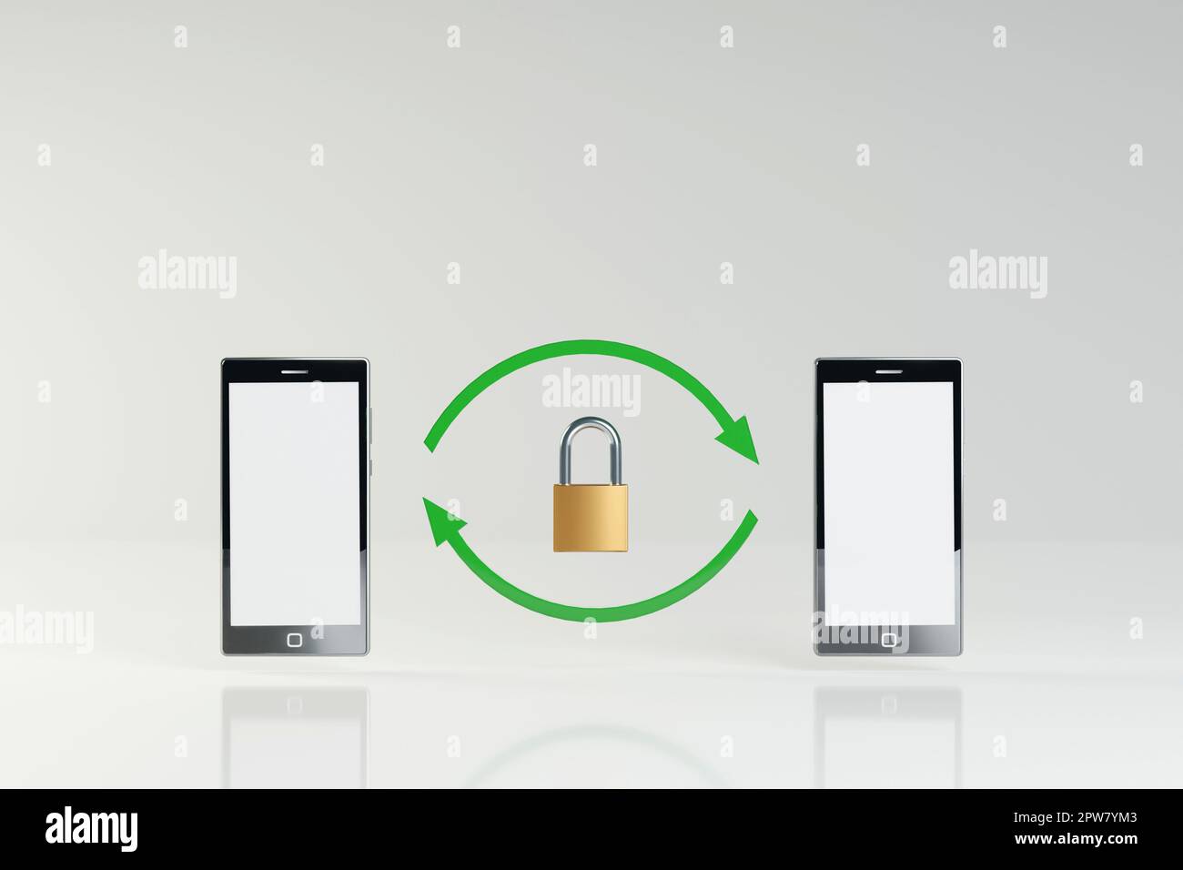 Secure, encrypted communication between mobile devices, concept. Two smartphones with green arrows and a padlock. Digital 3D rendering. Stock Photo