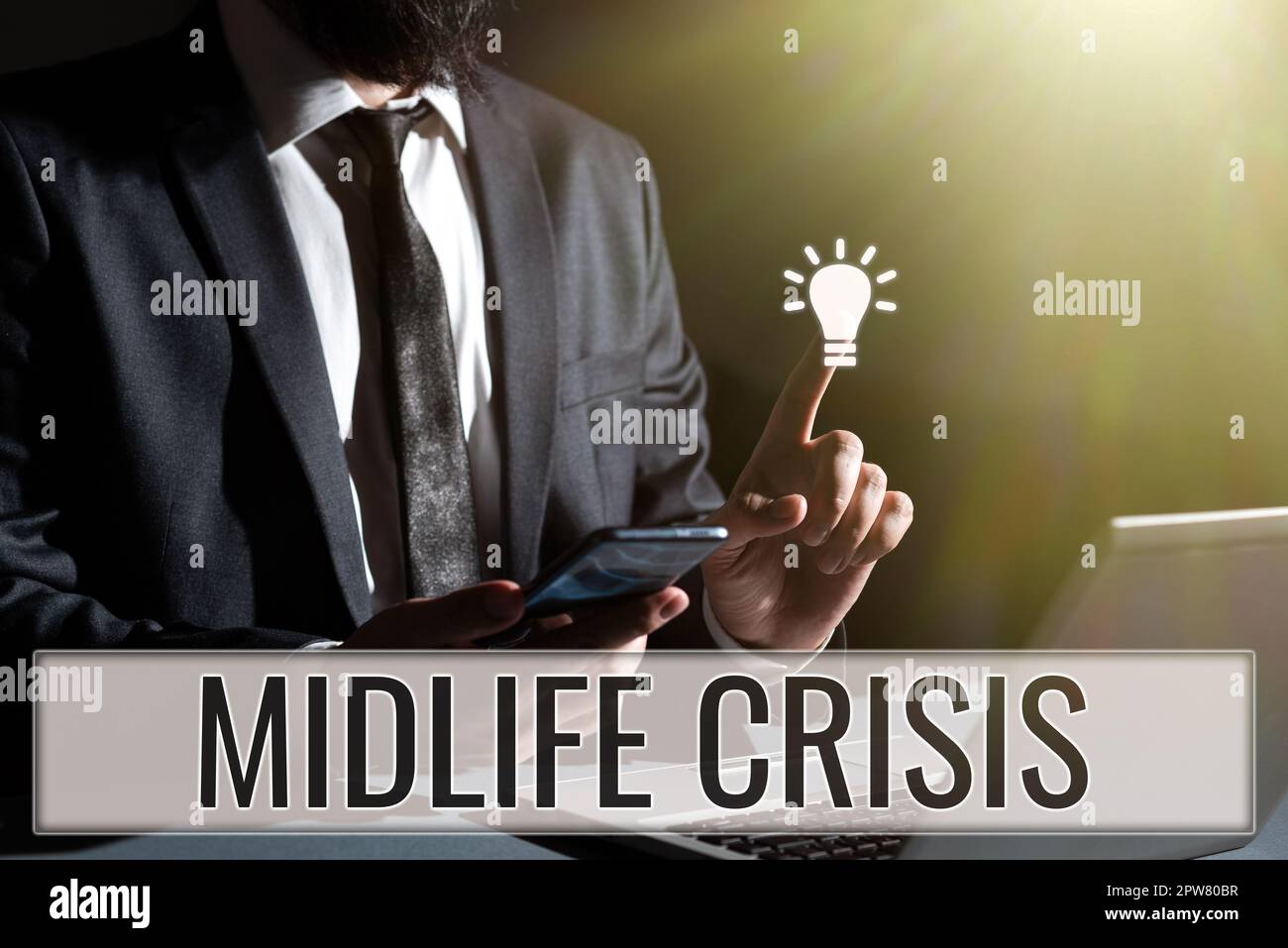 Text caption presenting Midlife Crisis, Business approach Software development technique Decomposing an application Stock Photo