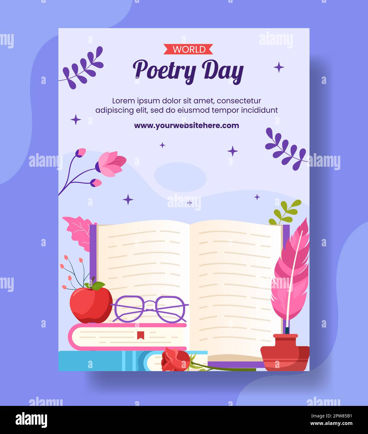 World Poetry Day Vertical Poster with Paper and Quill Flat Cartoon Hand Drawn Templates Illustration Stock Vector