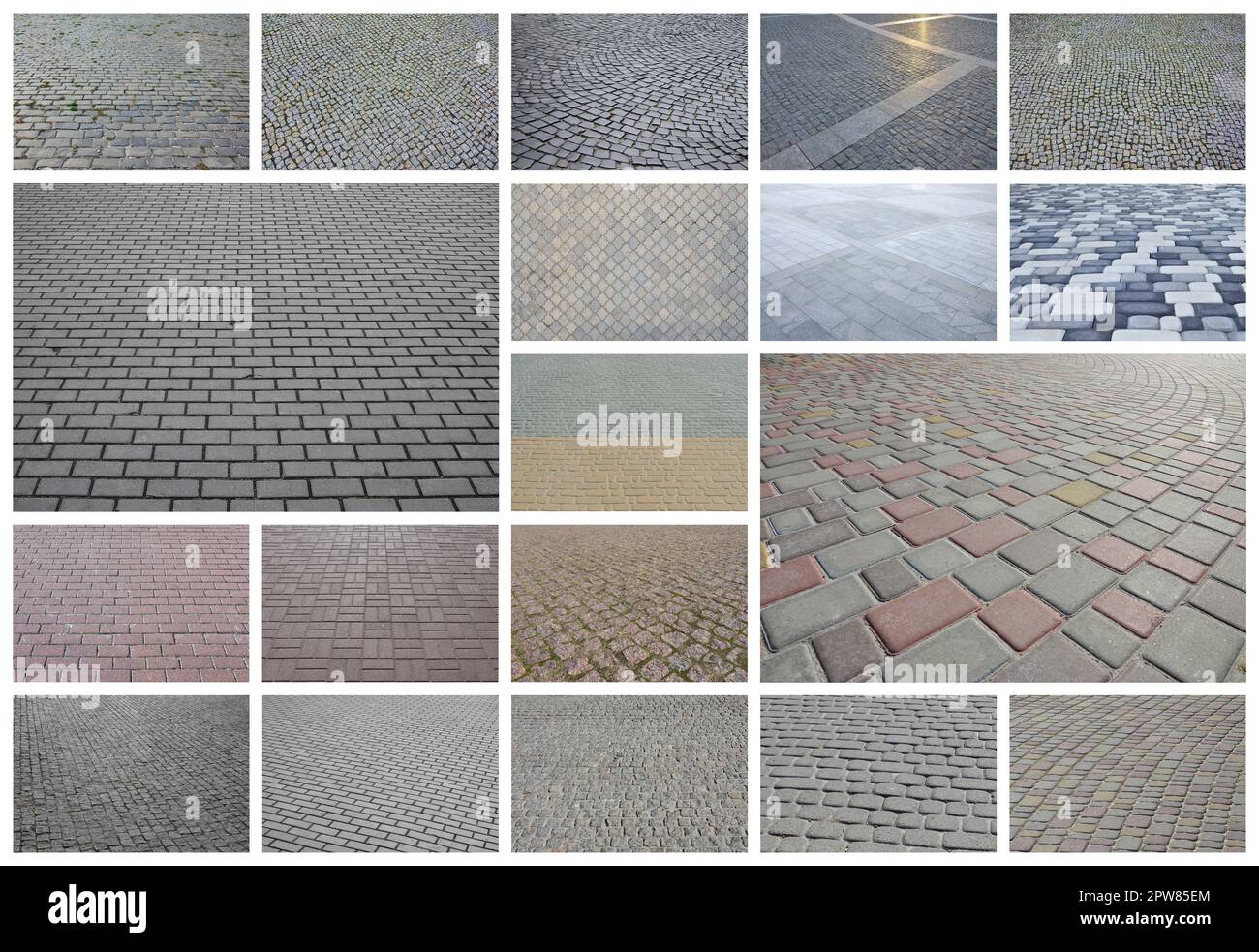 A collage of many pictures with fragments of paving tiles close-up. Set of images with pavement stone Stock Photo