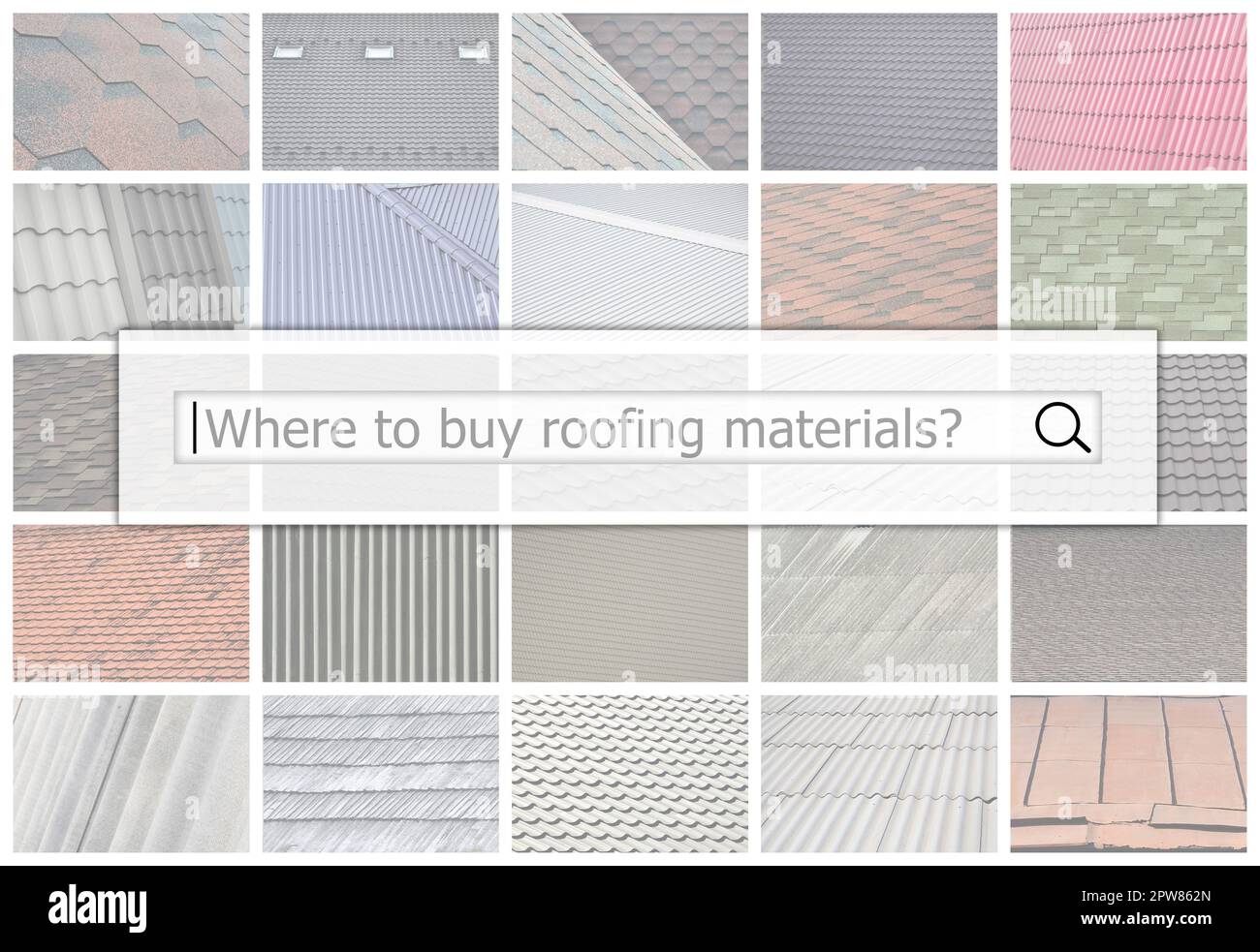 Visualization of the search bar on the background of a collage of many pictures with fragments of various types of roofing close up. Where to buy roof Stock Photo