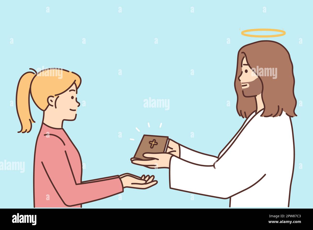 Jesus Christ give bible to smiling little girl child. God hand religious book to happy small kid teach religion. Faith and belief. Vector illustration Stock Photo