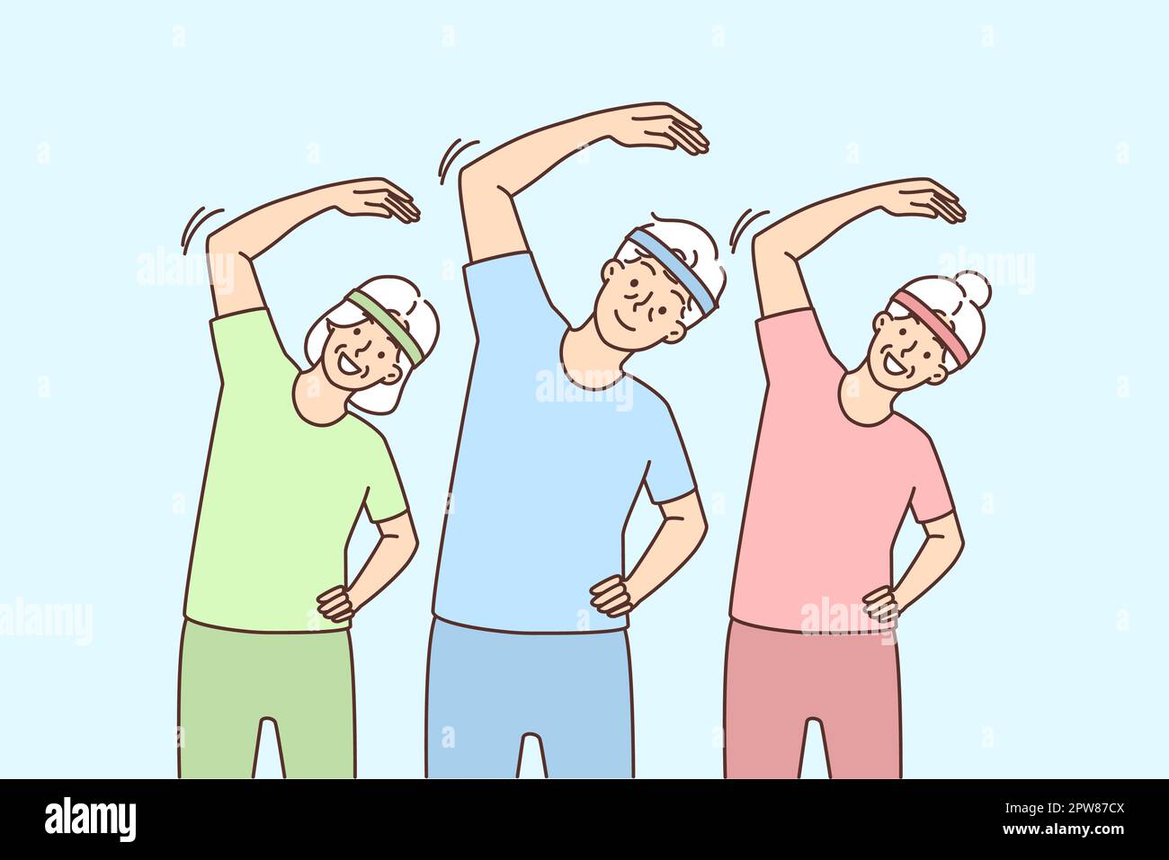Group of elderly people in sportswear training together. Mature grey-haired men and women do morning gymnastics follow healthy lifestyle. Vector illus Stock Photo