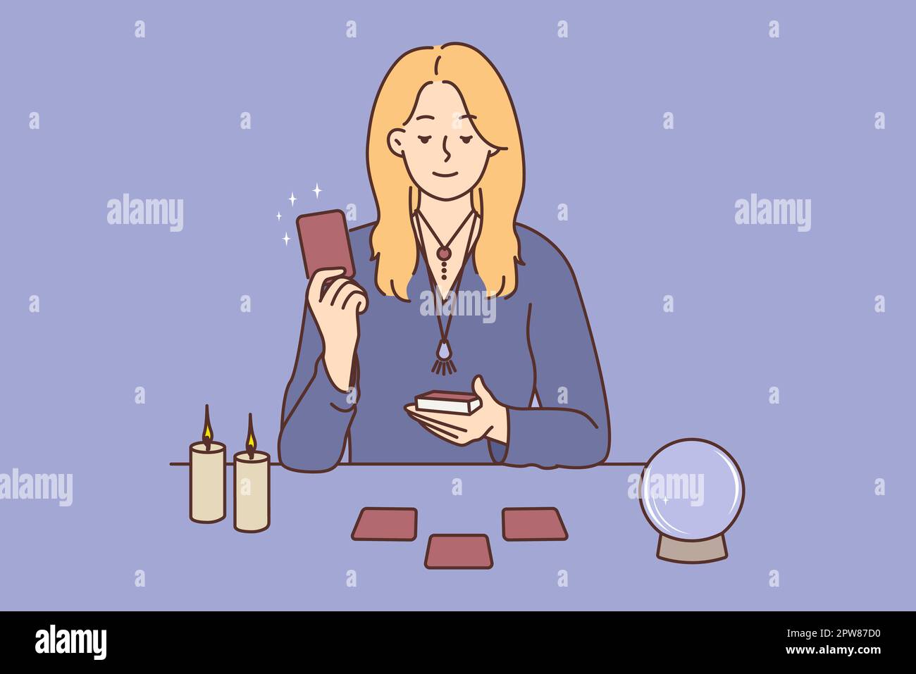 Young woman with cards telling fortune sitting on table in studio. Female magician with magic ball and tarot cards soothsaying. Vector illustration. Stock Photo