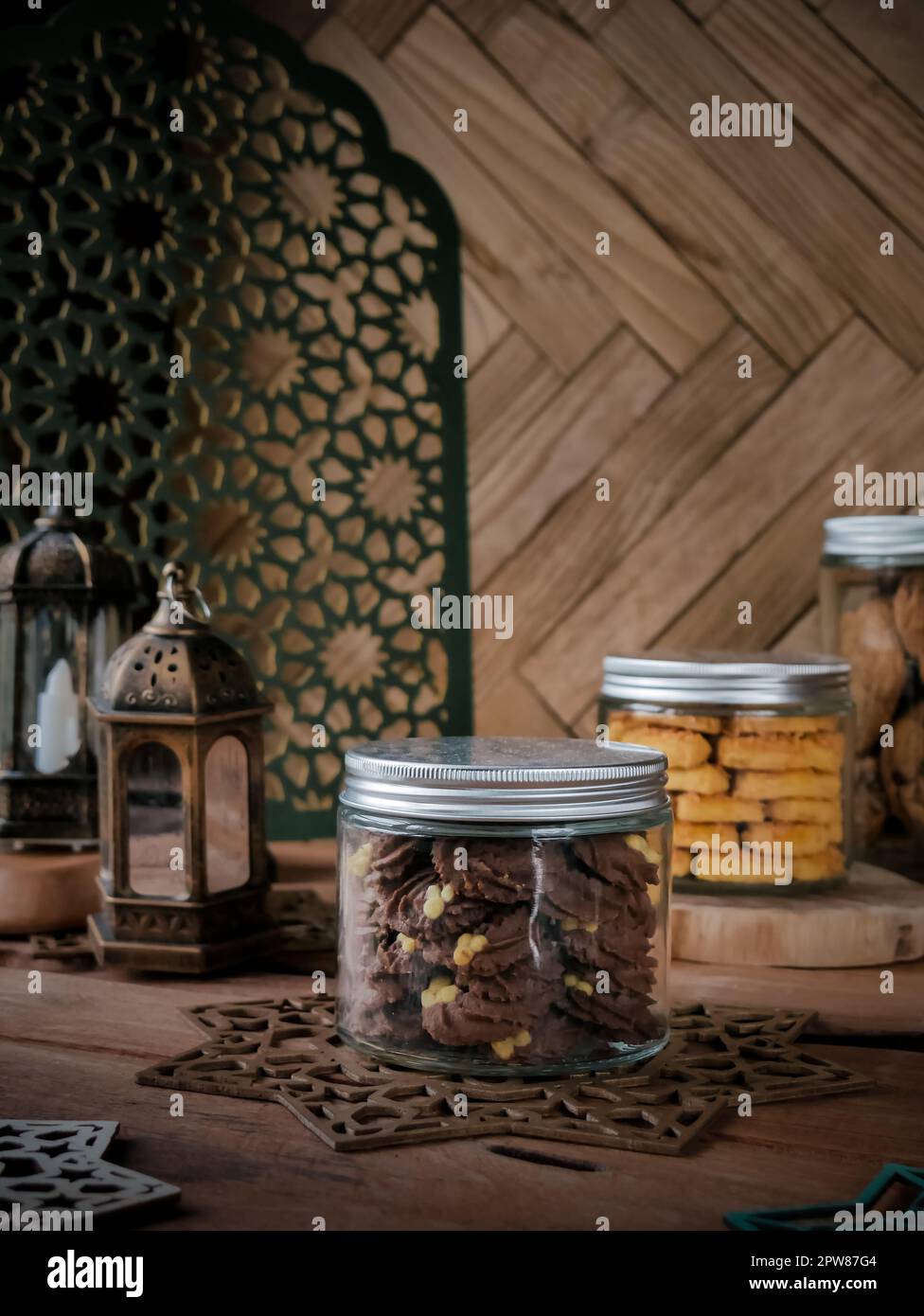 assorted Eid al fitr cookies (kue kering lebaran). Semprit coklat, kaastangel, soft cookies. commonly served in Eid al fitr celebration or lebaran, mo Stock Photo
