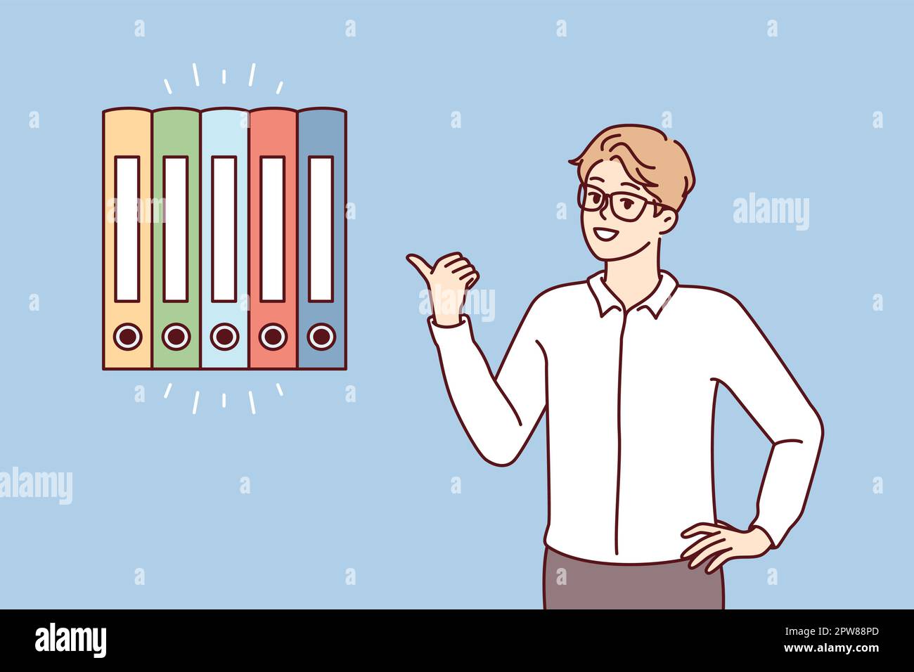 Man office worker points finger at multicolored folders for documents Stock Vector