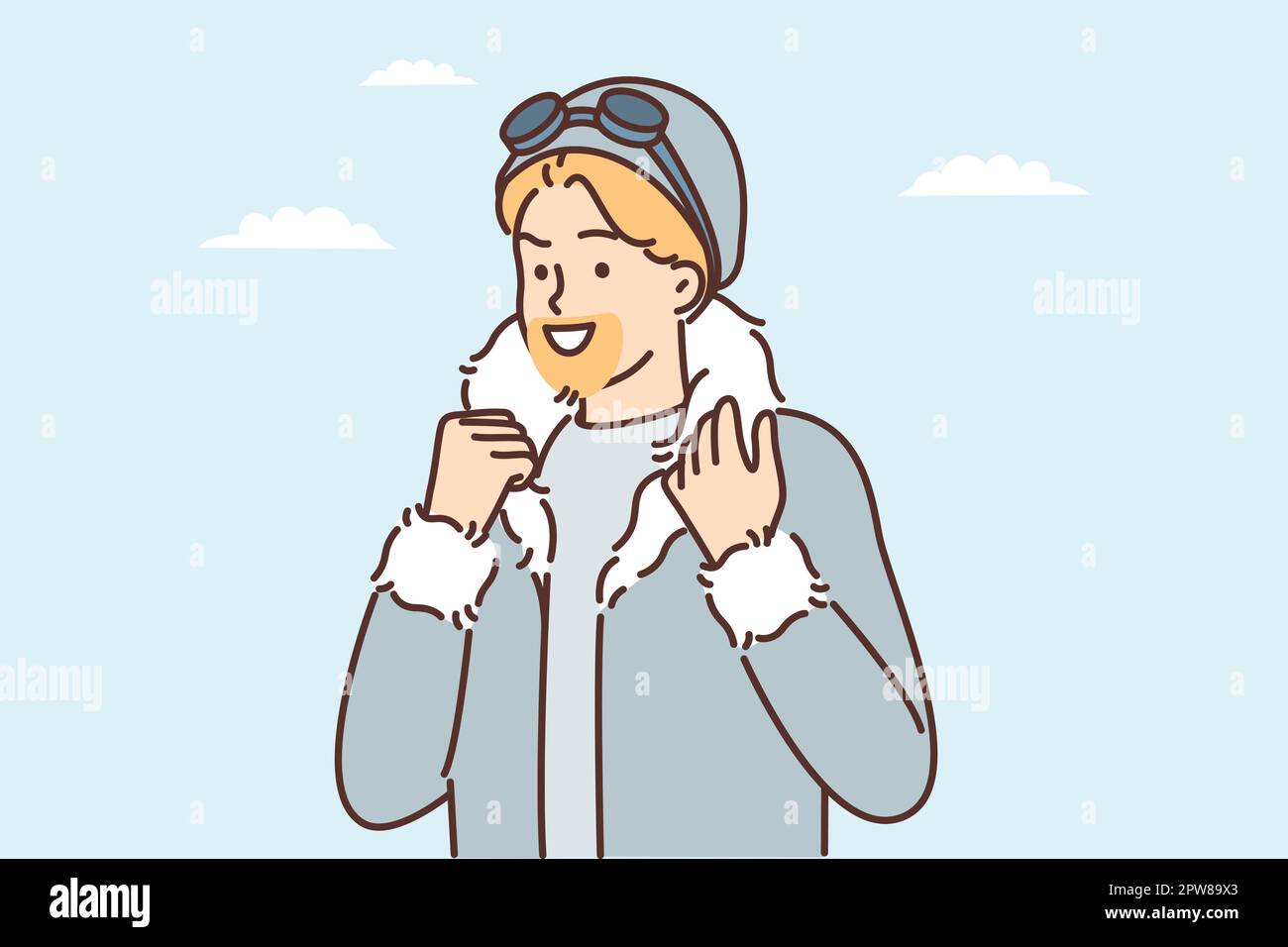 Man in jacket with fur collar looks into distance and smiles while on winter journey Stock Vector