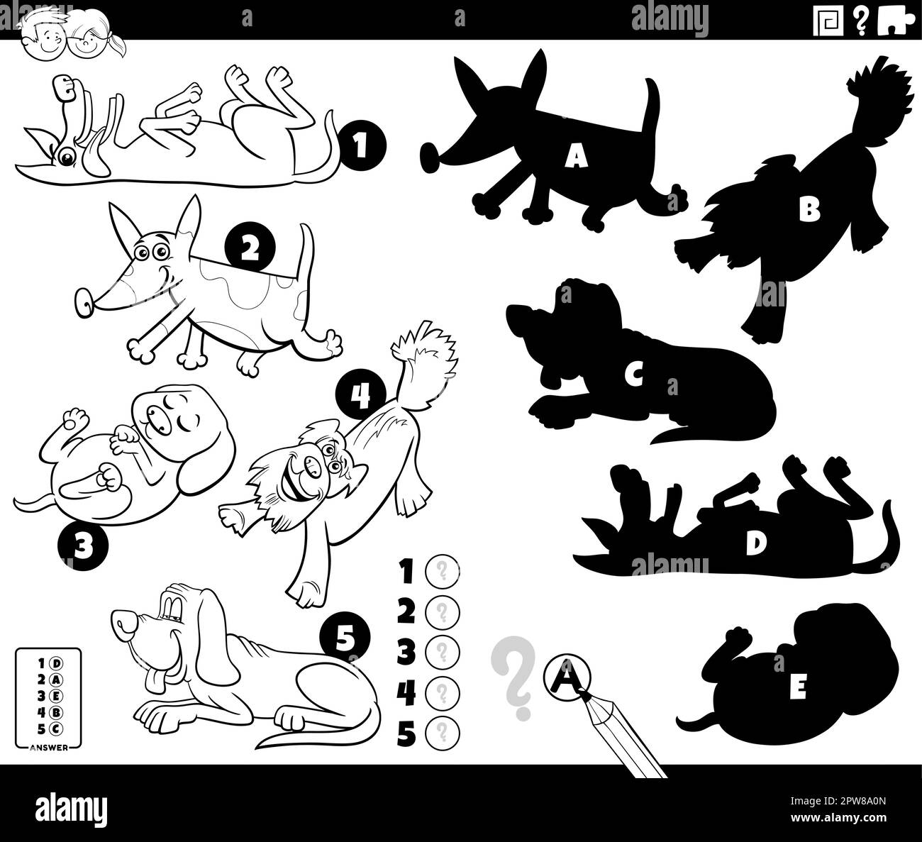 shadows game with funny dogs characters coloring page Stock Vector ...