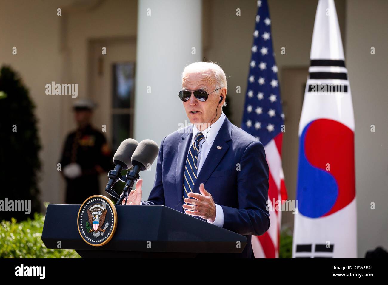 President Joe Biden responds to questions during a joint press conference with President Yoon Suk Yeol of the Republic of Korea in the White House rose garden following morning meetings. The two presidents reaffirmed the alliance between the two countries and discussed its use in the East Asia region, beyond the boundaries of South Korea. The event is part of a formal visit by President Yoon Suk Yeol and First Lady Kim Keon-hee, and a state dinner will follow in the evening. (Photo by Allison Bailey/SOPA Images/Sipa USA) Stock Photo