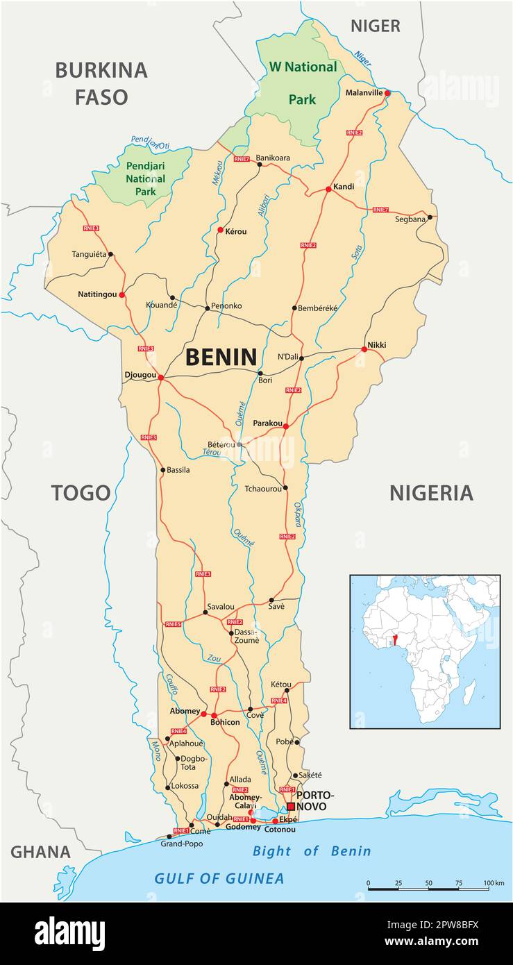 Vector road map of the West African state of Benin Stock Vector