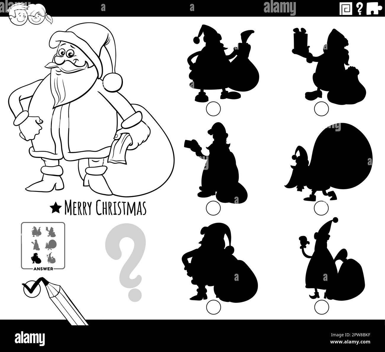 shadows game with cartoon Santa Claus with sack coloring page Stock ...