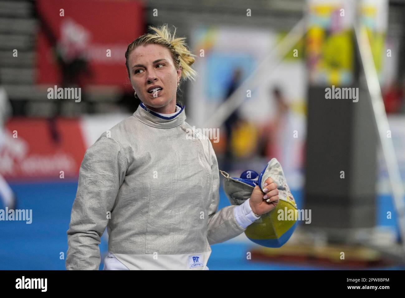 Olga Kharlan of Ukraine reacts after defeating Cyrielle Rioux of France during the womens FIE fencing sabre grand prix competition in Seoul, South Korea, Saturday, April 29, 2023