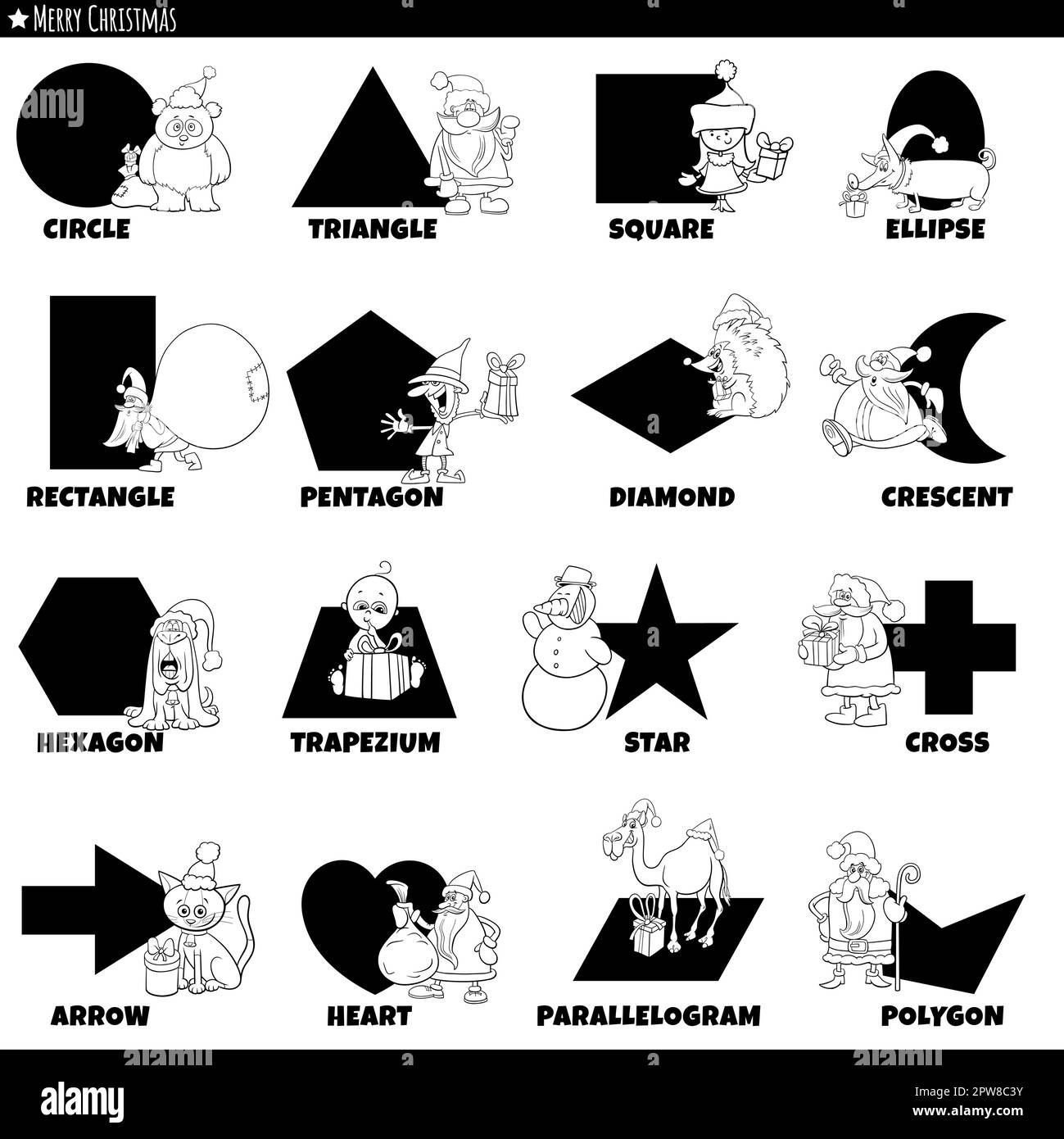 basic geometric shapes with cartoon Christmas characters set Stock ...