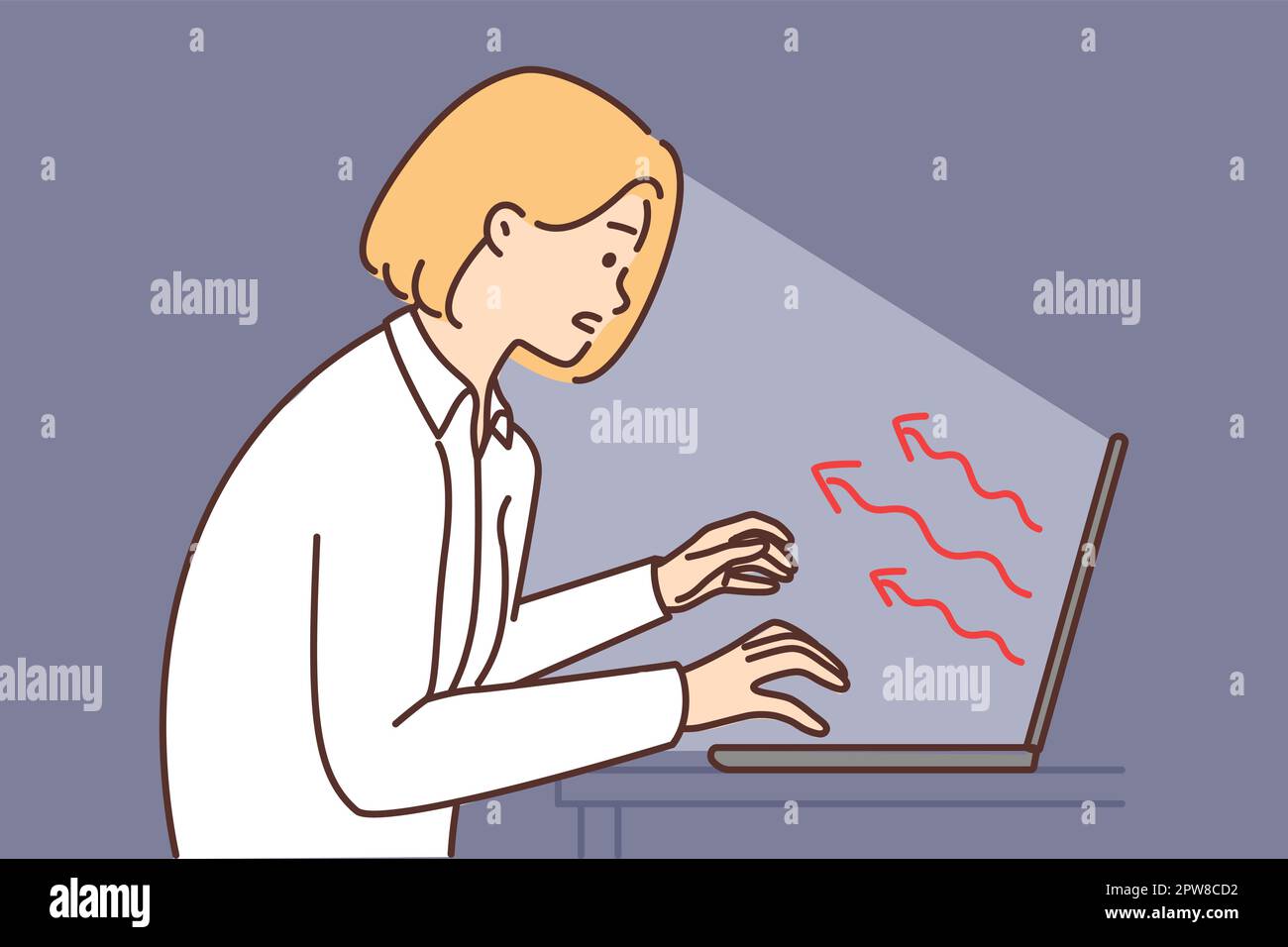 Woman is typing on keyboard, stretching hands to laptop that negatively ...