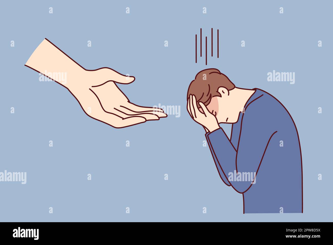 Crying man covers face bowing head while standing near giant hand hanging from sky. Vector image Stock Vector