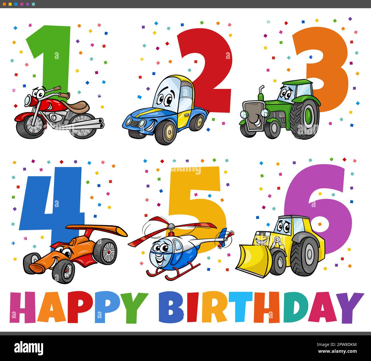 birthday greeting cards set with cartoon vehicle characters Stock