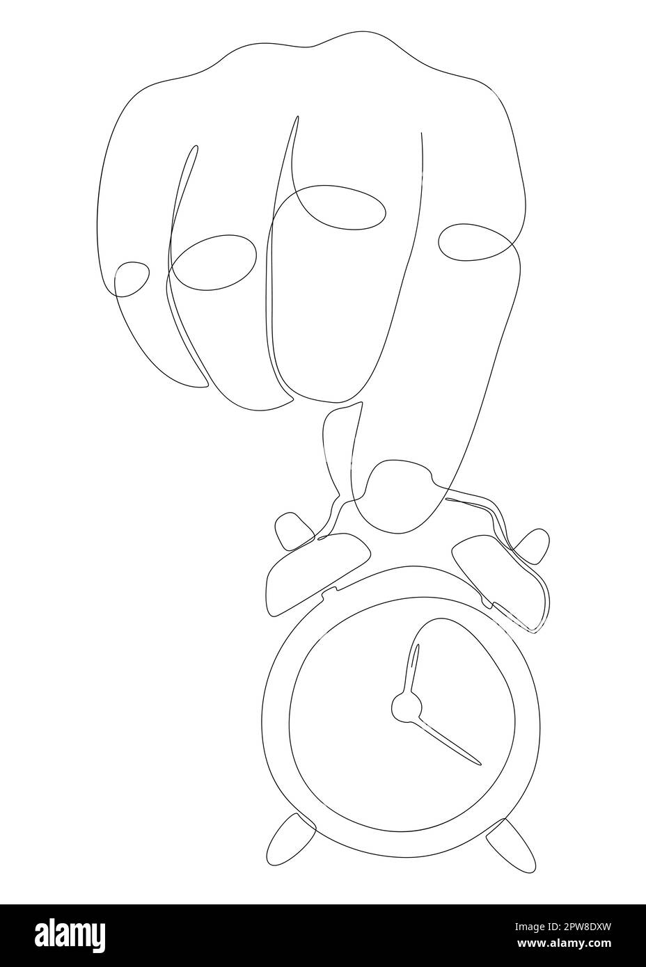 One continuous line of hand holding, showing Alarm Clock word Stock