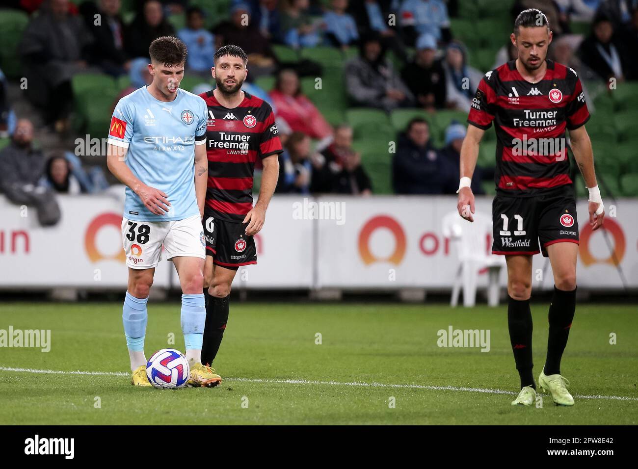 Melbourne, Australia, 28 April, 2023. Jordan Bos of Melbourne City FC during the A-League Men's football match between Melbourne City and Western Sydney Wanderers at AAMI Park on April 28, 2023 in Melbourne, Australia. Credit: Dave Hewison/Speed Media/Alamy Live News Stock Photo