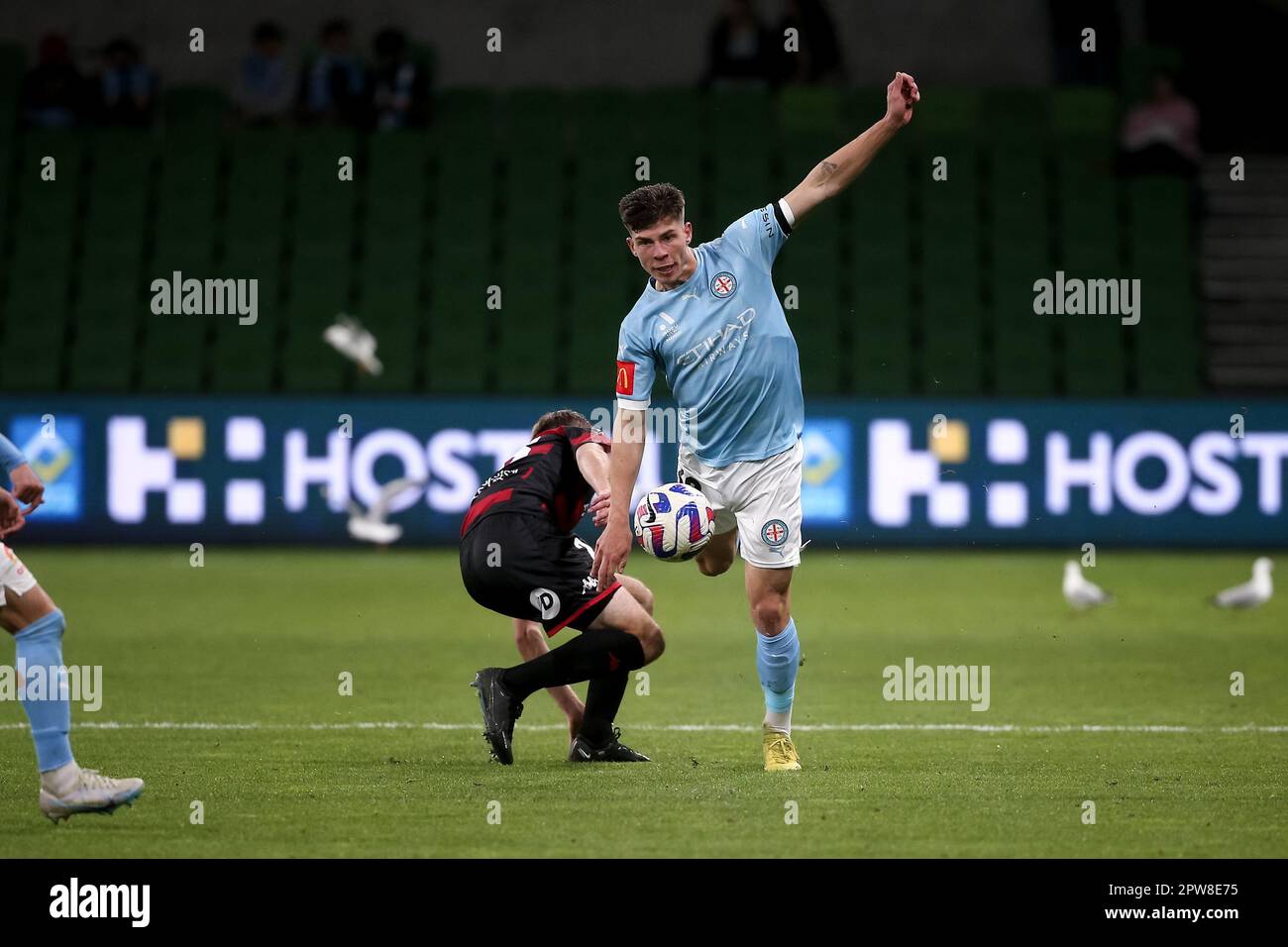 Melbourne, Australia, 28 April, 2023. Jordan Bos of Melbourne City FC controls the ball during the A-League Men's football match between Melbourne City and Western Sydney Wanderers at AAMI Park on April 28, 2023 in Melbourne, Australia. Credit: Dave Hewison/Speed Media/Alamy Live News Stock Photo