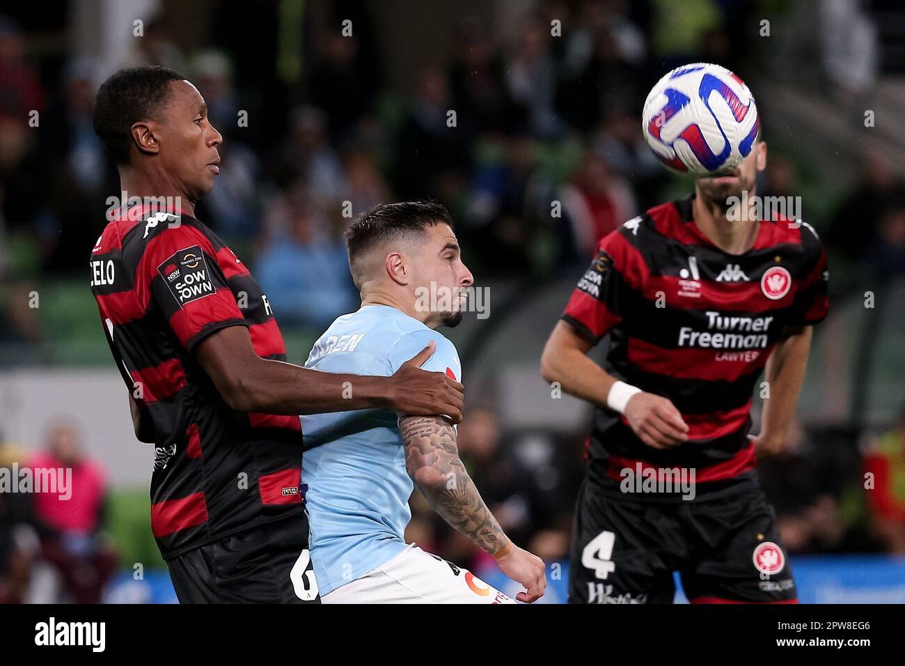 Melbourne, Australia, 28 April, 2023. Marcelo of Western Sydney Wanderers in action during the A-League Men's football match between Melbourne City and Western Sydney Wanderers at AAMI Park on April 28, 2023 in Melbourne, Australia. Credit: Dave Hewison/Alamy Live News Stock Photo