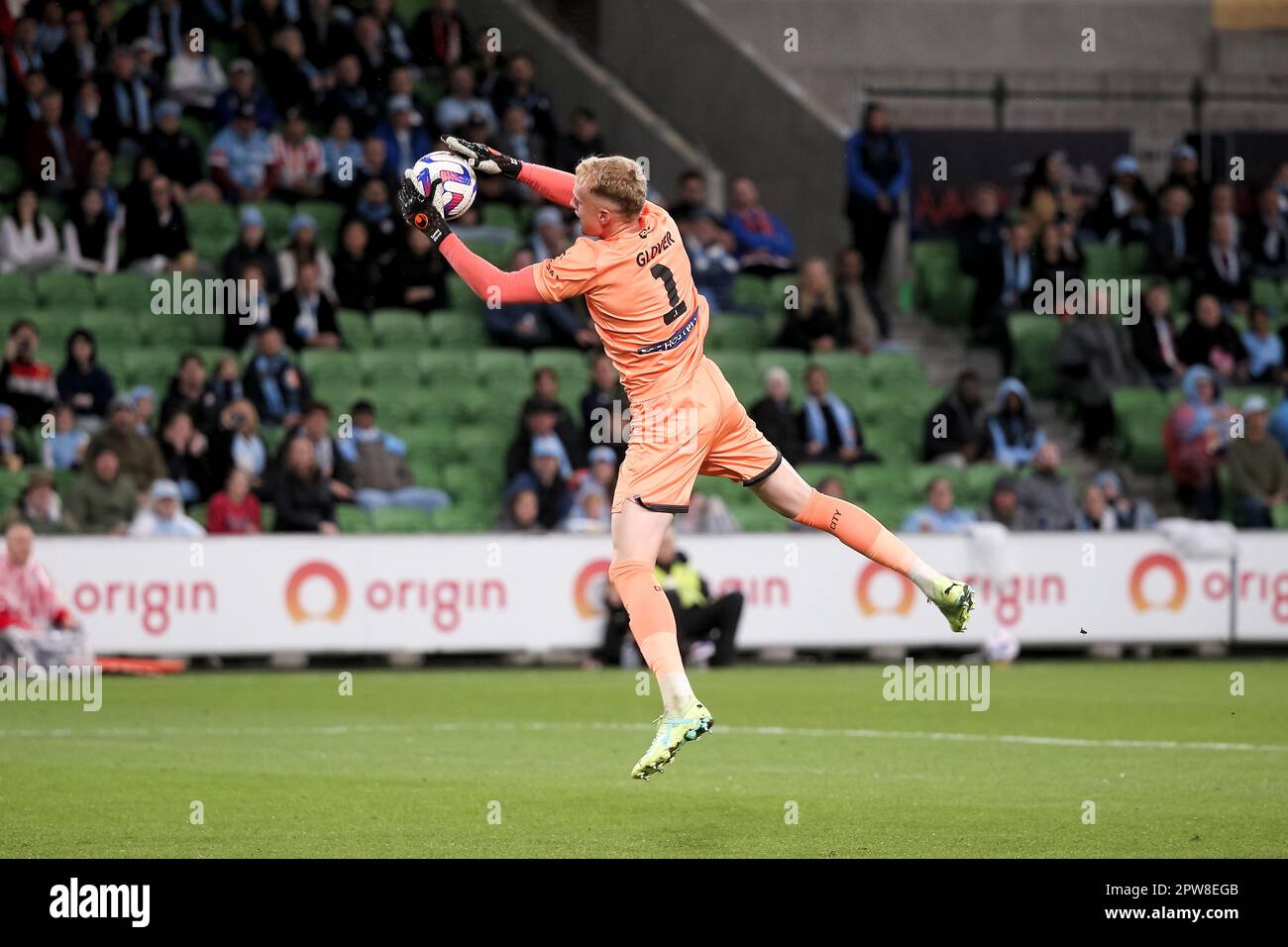 Melbourne, Australia, 28 April, 2023. Tom Glover of Melbourne City FC catches the ball during the A-League Men's football match between Melbourne City and Western Sydney Wanderers at AAMI Park on April 28, 2023 in Melbourne, Australia. Credit: Dave Hewison/Alamy Live News Stock Photo