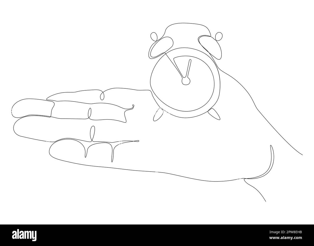 One continuous line of hand holding, showing Alarm Clock word Stock