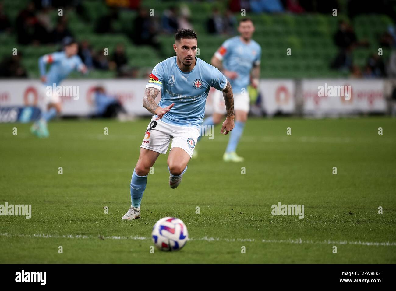 Melbourne, Australia, 28 April, 2023. Jamie Maclaren of Melbourne City FC controls the ball during the A-League Men's football match between Melbourne City and Western Sydney Wanderers at AAMI Park on April 28, 2023 in Melbourne, Australia. Credit: Dave Hewison/Alamy Live News Stock Photo