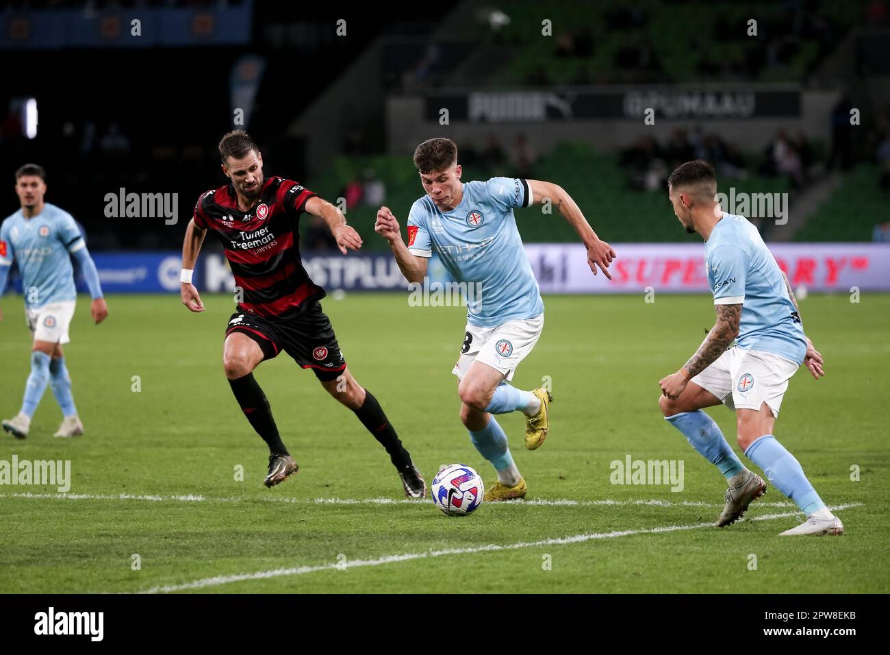 Melbourne, Australia, 28 April, 2023. Jordan Bos of Melbourne City FC controls the ball during the A-League Men's football match between Melbourne City and Western Sydney Wanderers at AAMI Park on April 28, 2023 in Melbourne, Australia. Credit: Dave Hewison/Alamy Live News Stock Photo