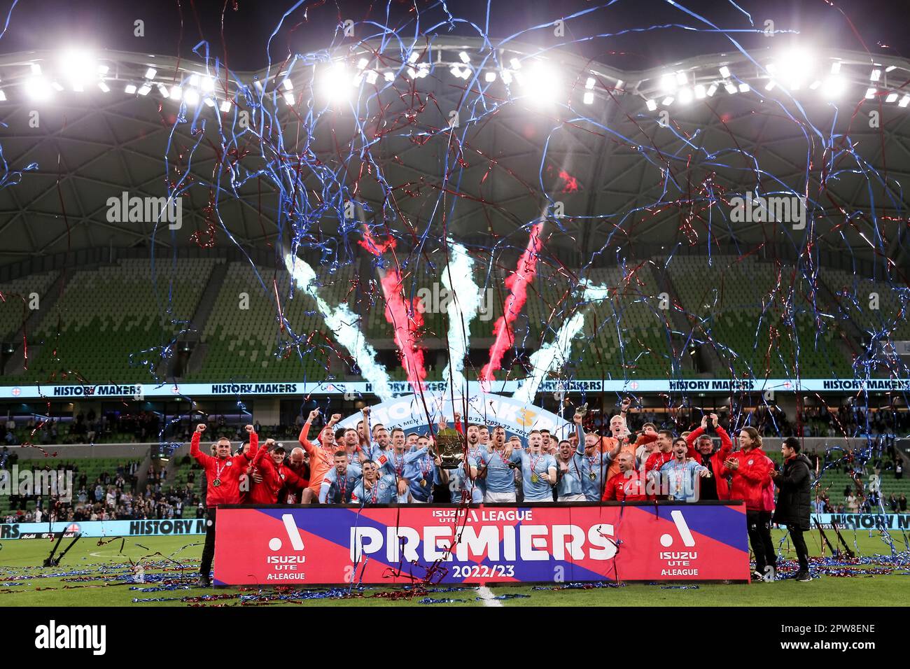 Melbourne, Australia, 28 April, 2023. Melbourne City celebrate with their Premiers Plate after winning three consecutive Premierships during the A-League Men's football match between Melbourne City and Western Sydney Wanderers at AAMI Park on April 28, 2023 in Melbourne, Australia. Credit: Dave Hewison/Alamy Live News Stock Photo