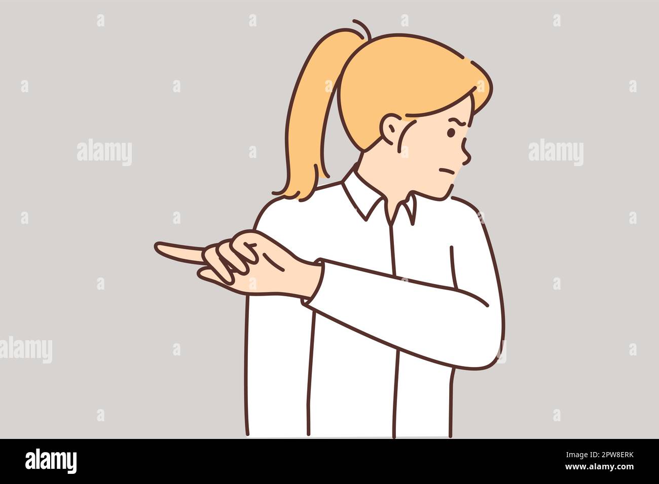 Offended woman turning away and pointing finger aside after insults or toxic remarks at work Stock Vector
