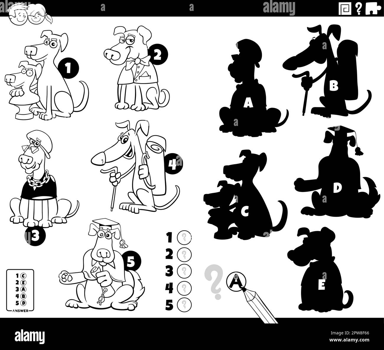 shadows game with funny dogs characters coloring page Stock Vector ...