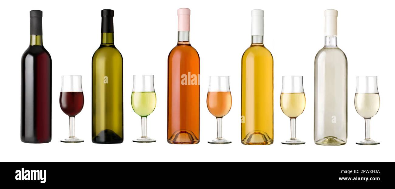 Set of white, rose, and red wine bottles and glasses isolated on white ...