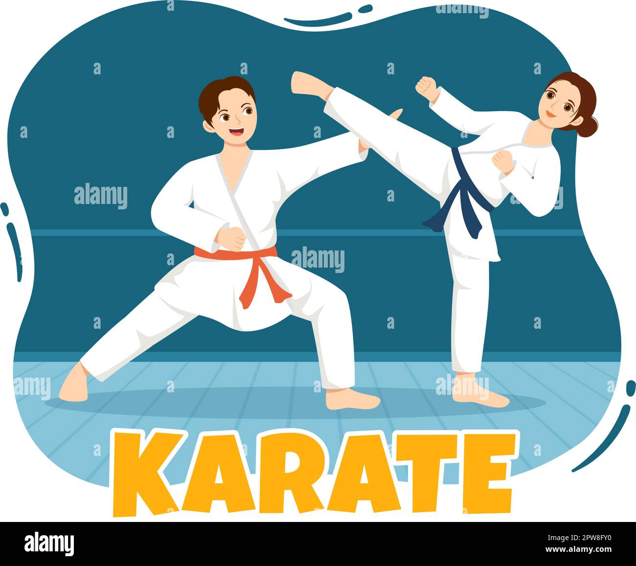 People Doing Some Basic Karate Martial Arts Moves, Fighting Pose and Wearing Kimono in Cartoon Hand Drawn for Landing Page Templates Illustration Stock Vector