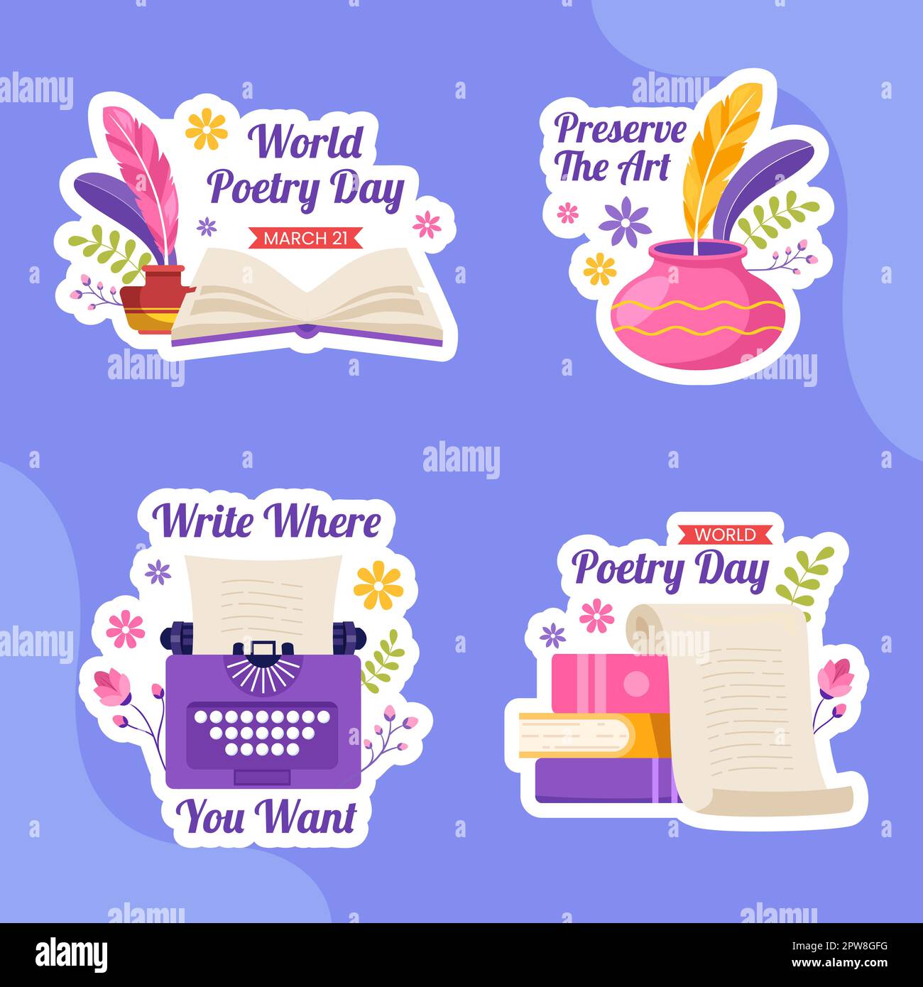World Poetry Day Label with Paper and Quill Flat Cartoon Hand Drawn Templates Illustration Stock Vector