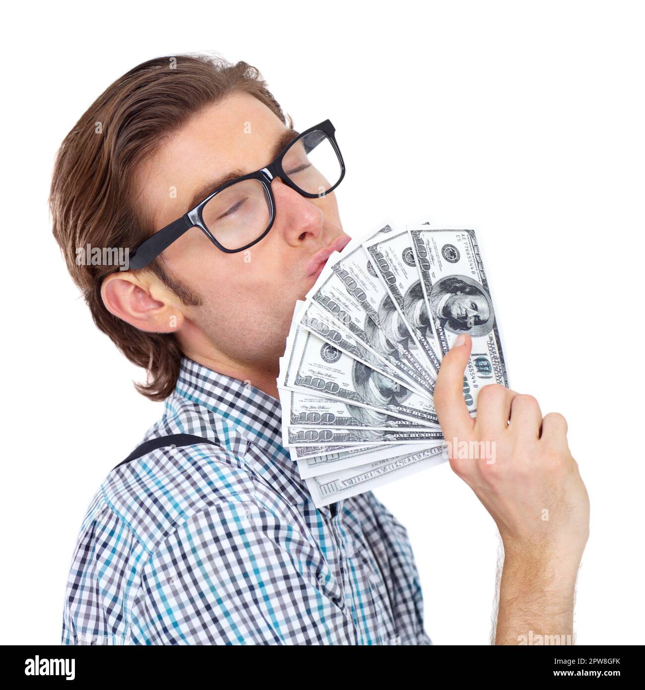 Money, rich and man kiss dollars in studio isolated on white background