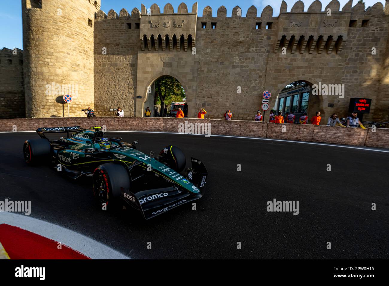 Baku, Azerbaijan, April 28, Lance Stroll, from Canada competes for Aston Martin F1. Qualifying, round 4 of the 2023 Formula 1 championship. Credit: Michael Potts/Alamy Live News Stock Photo