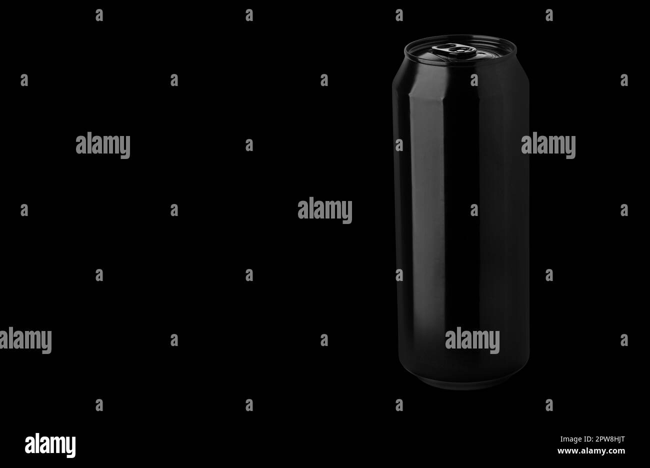 Aluminum black can mockup isolated on black background. 500ml aluminum ...