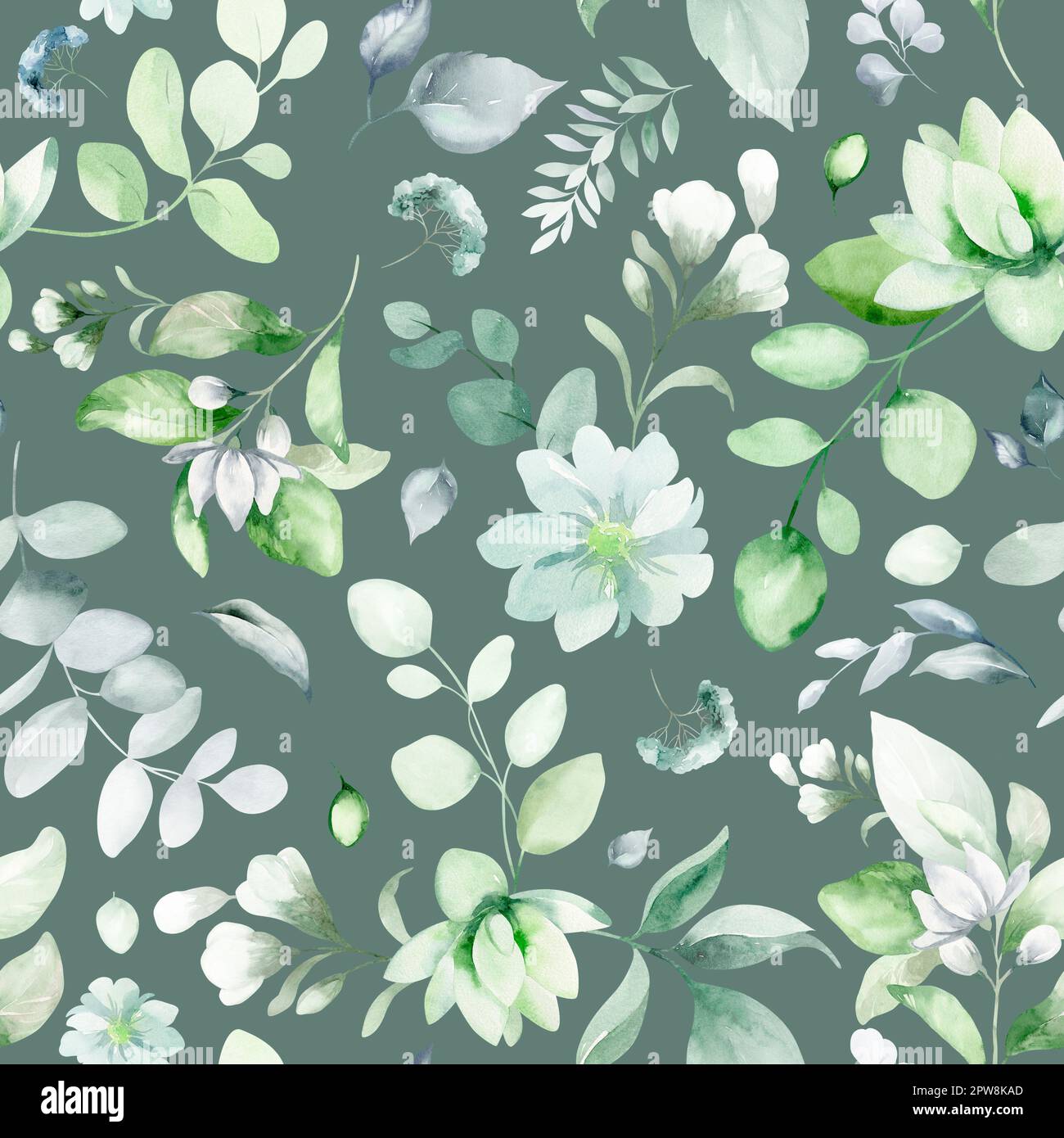 seamless floral watercolor pattern with garden pink flowers, leaves, branches. Botanical tiles, background. eucalyptus, peony, rose. Stock Photo
