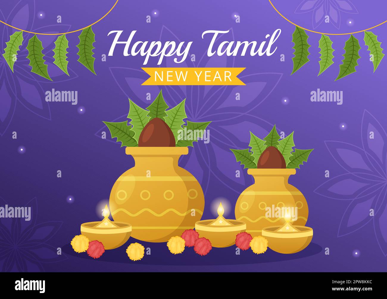 Happy Tamil New Year Illustration with Vishu Flowers, Pots and Indian