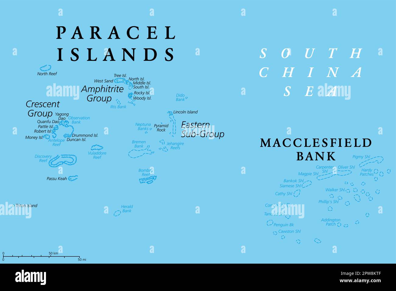 Paracel Islands or Xisha Islands, and Macclesfield Bank, political map