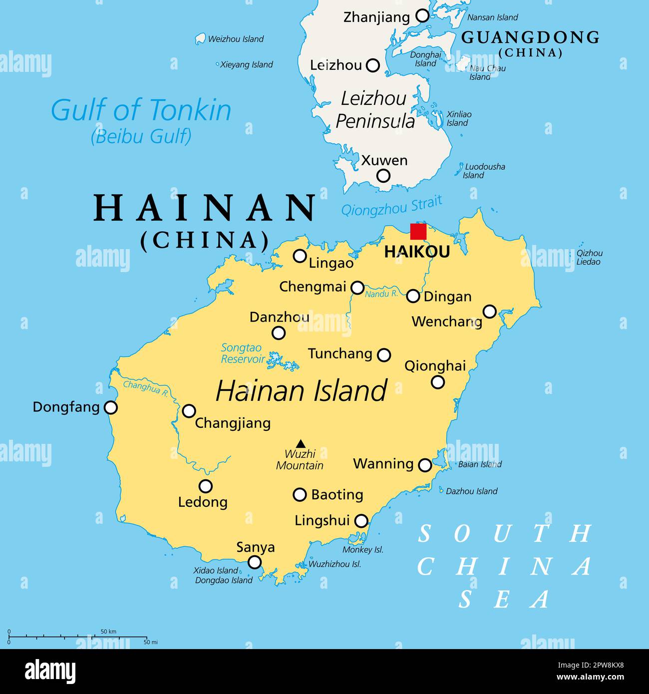 Hainan, southernmost province of China, PRC, political map Stock Vector