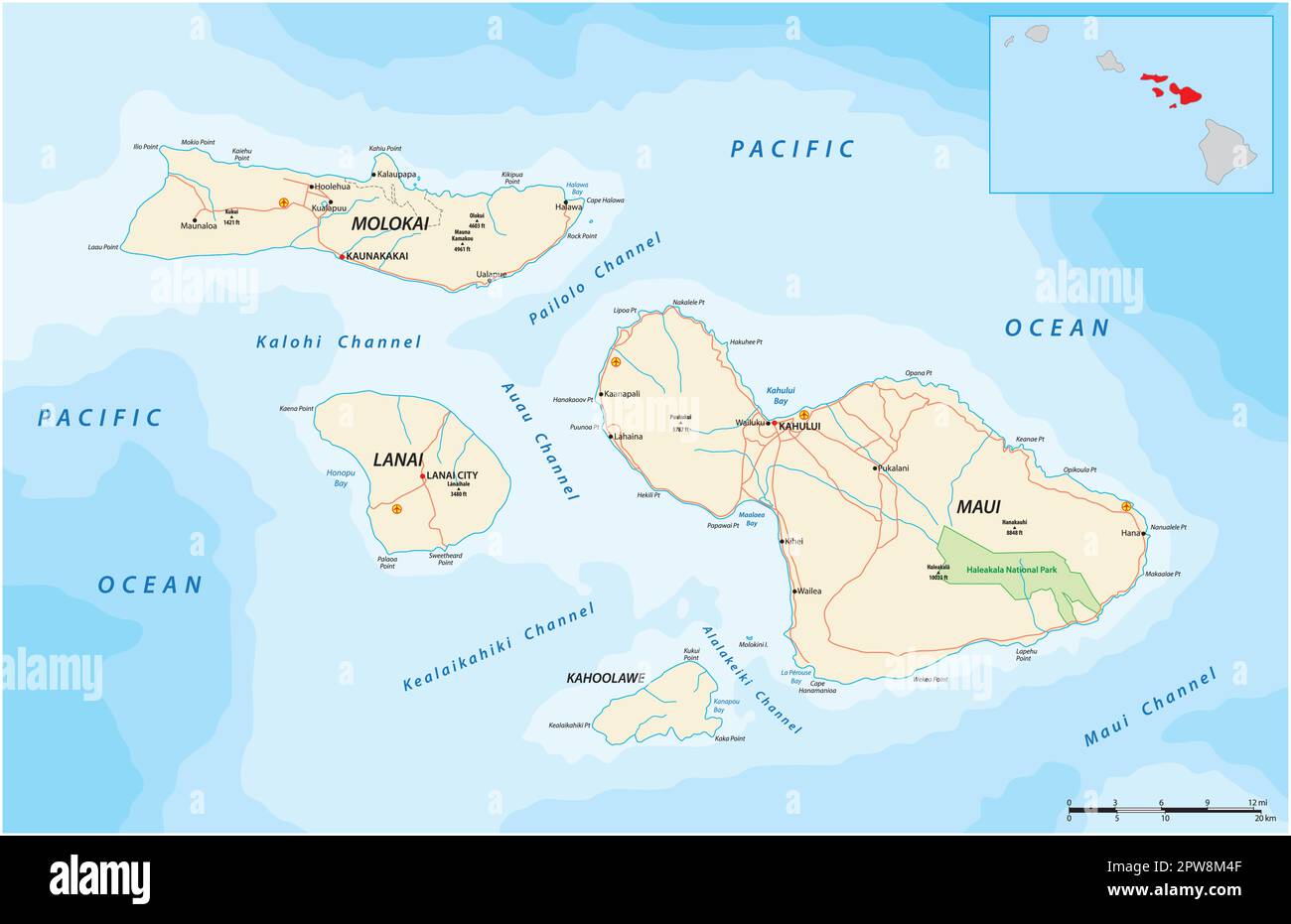 Road map of the Hawaiian Islands of Maui, Molokai, Lanai and Kahoolawe Stock Vector