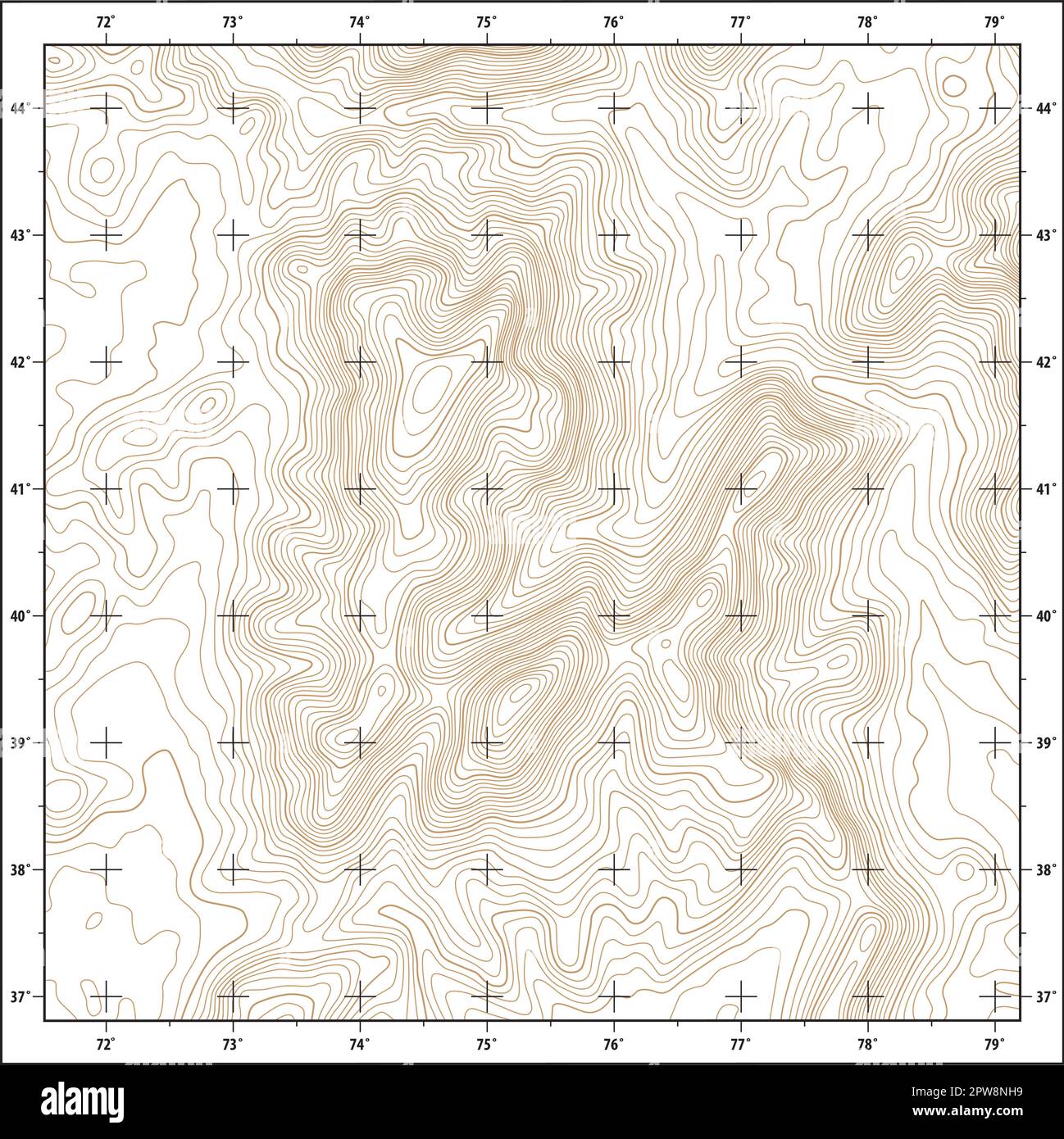 Imaginary topographic contour map with coordinate grid Stock Vector